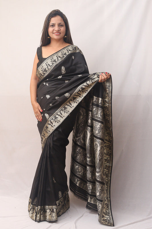 Exquisite Black Swarnachari Pure Silk Saree - Handloom Woven - Luxurion World