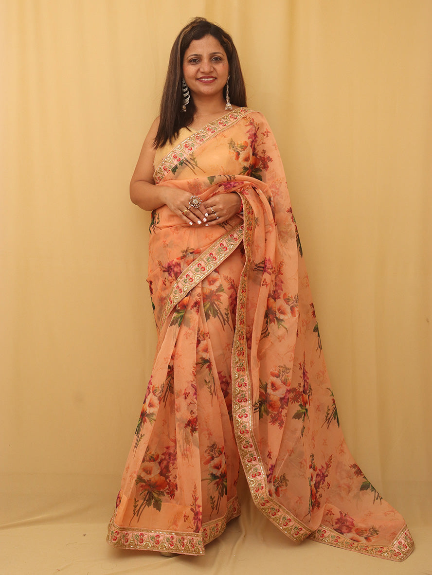 Orange Trendy Digital Printed Organza Saree - Luxurion World