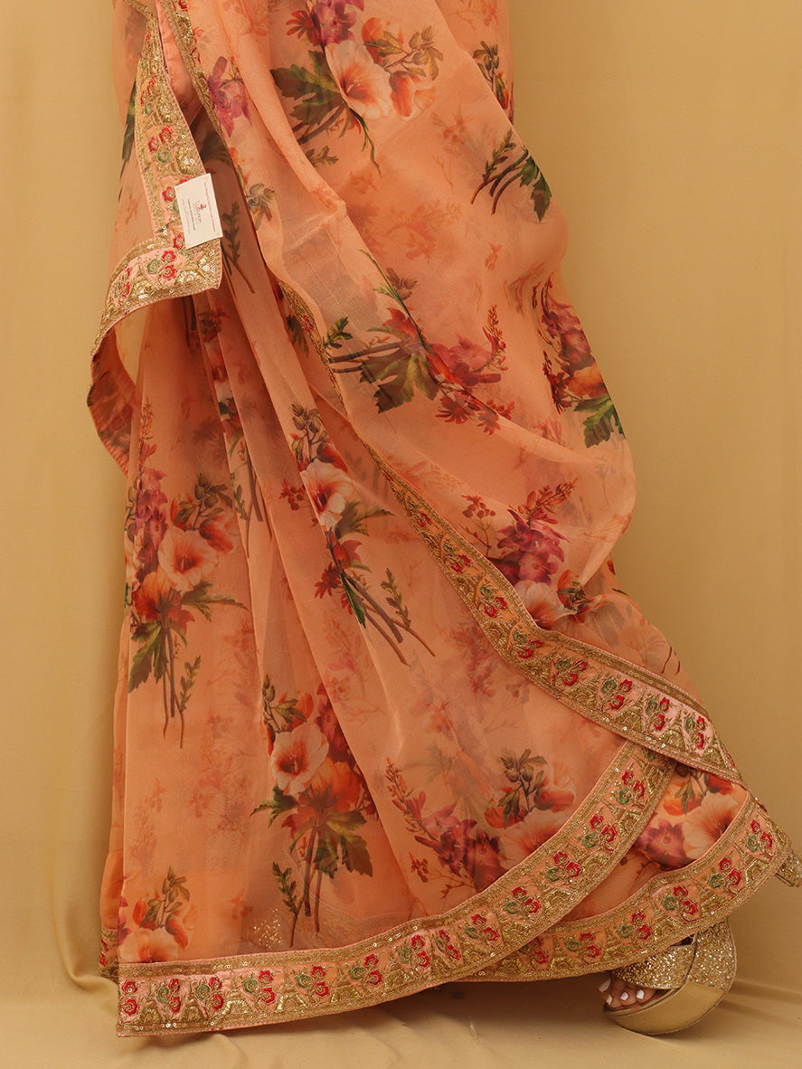 Orange Trendy Digital Printed Organza Saree - Luxurion World