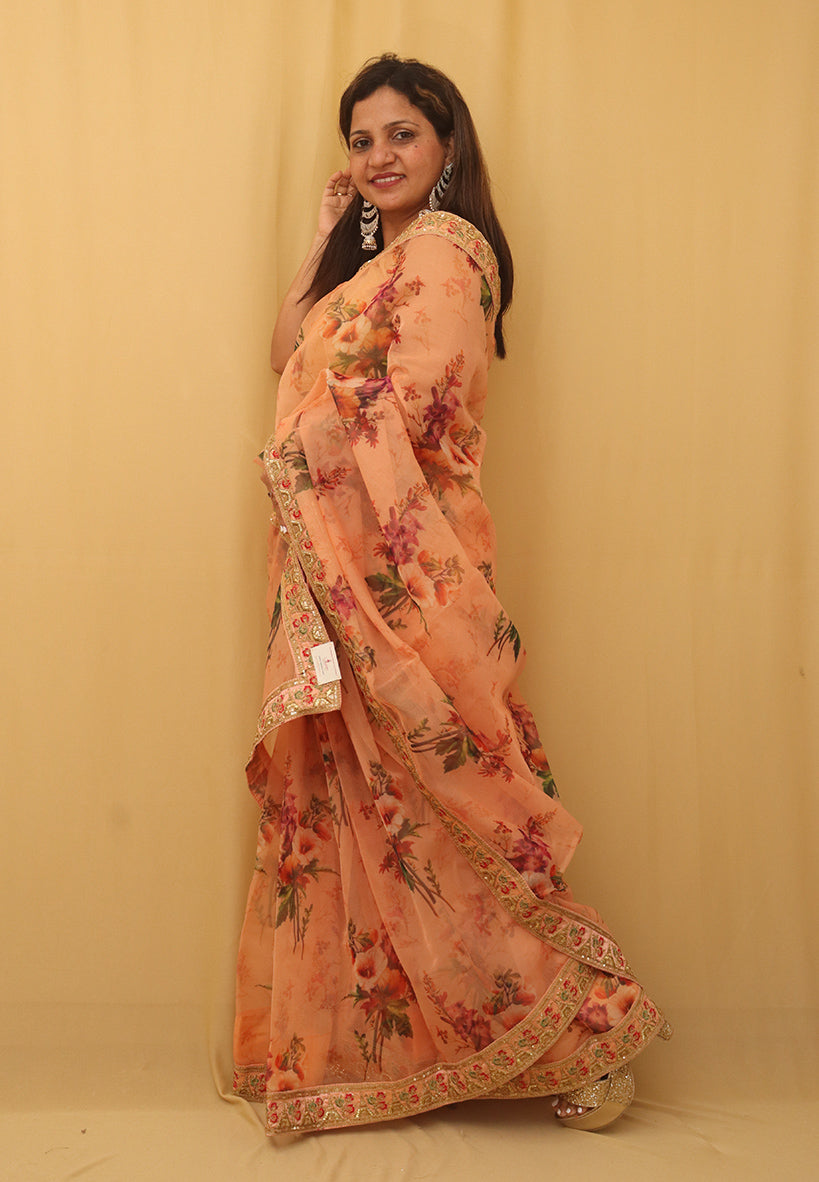 Orange Trendy Digital Printed Organza Saree - Luxurion World