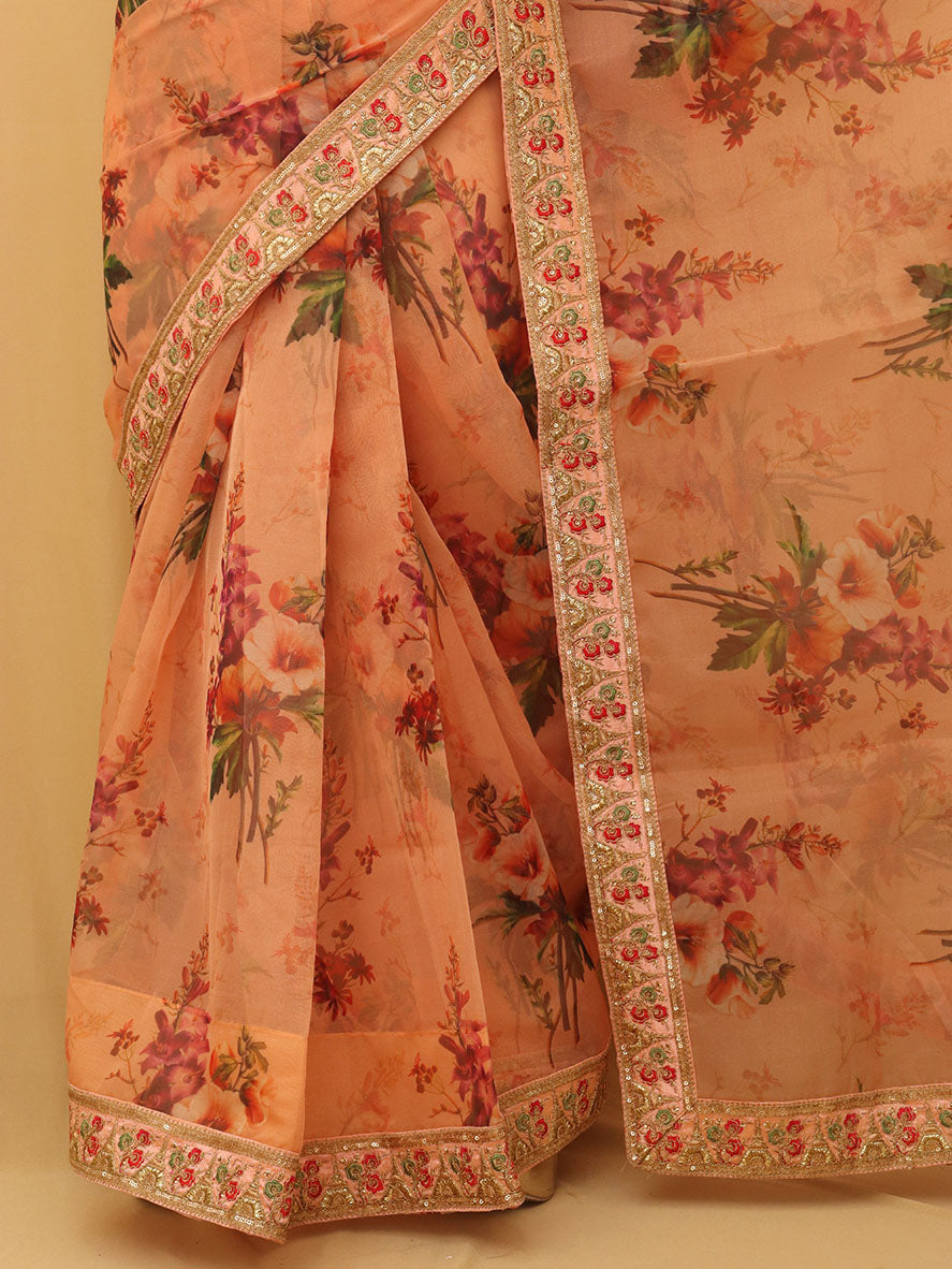 Orange Trendy Digital Printed Organza Saree - Luxurion World