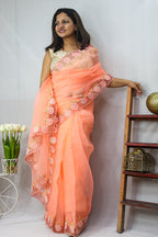 Get the Latest Orange Organza Cut Work Saree Online - Shop Now! - Luxurion World
