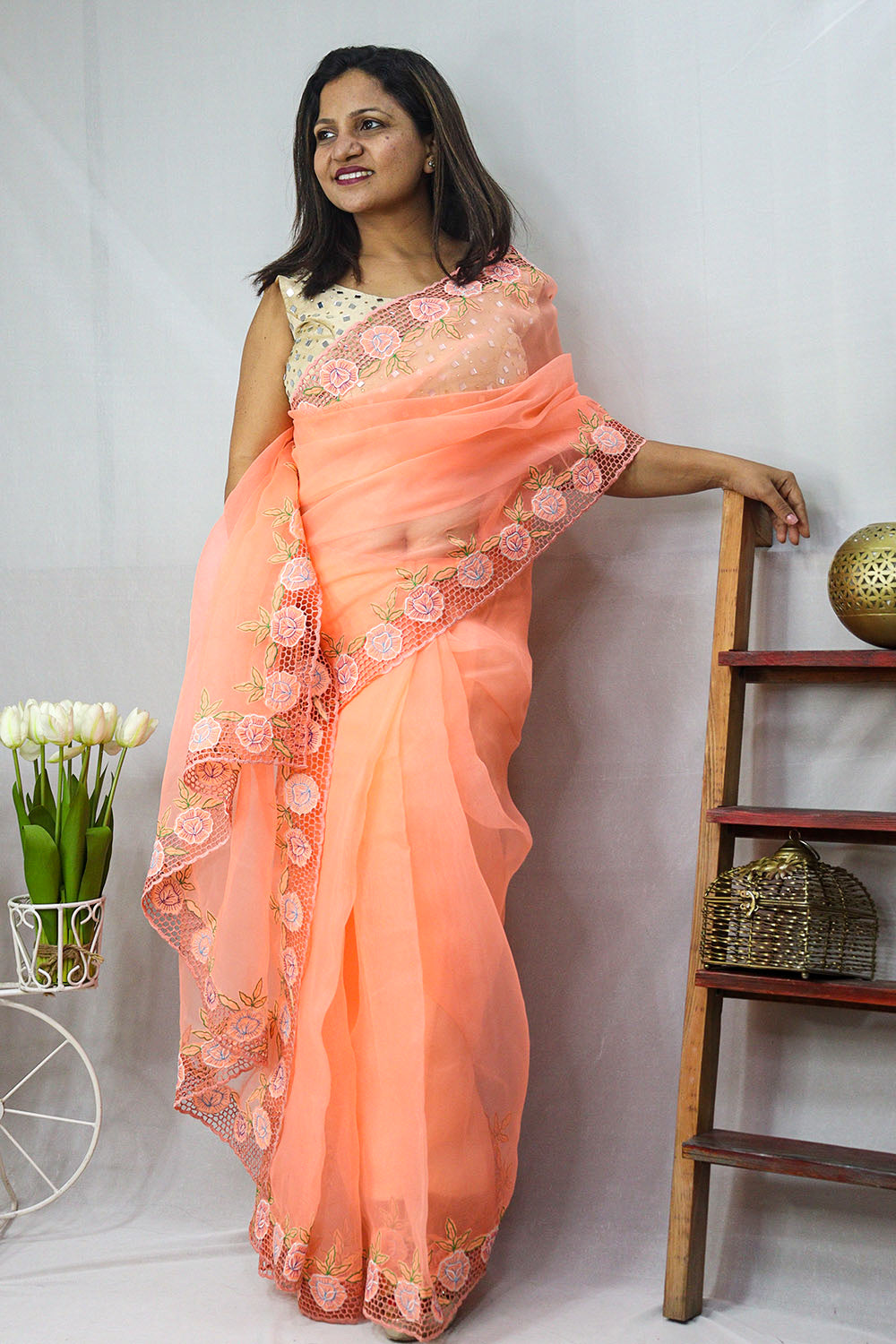 Get the Latest Orange Organza Cut Work Saree Online - Shop Now! - Luxurion World