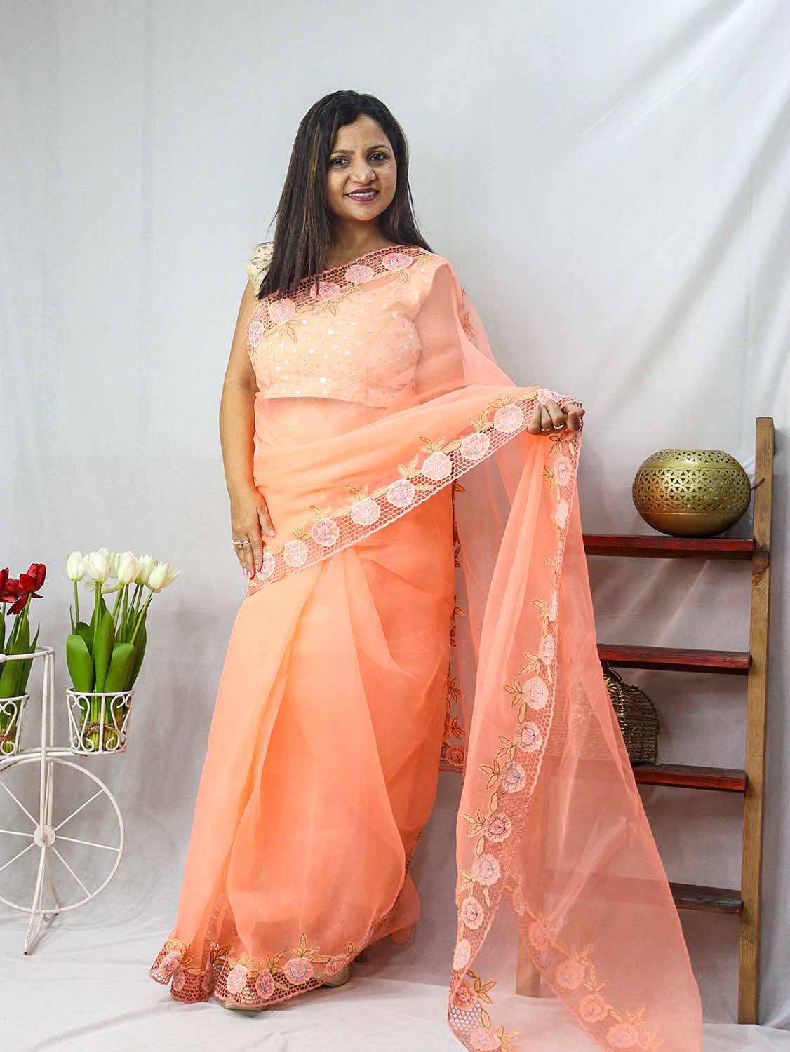 Get the Latest Orange Organza Cut Work Saree Online - Shop Now! - Luxurion World