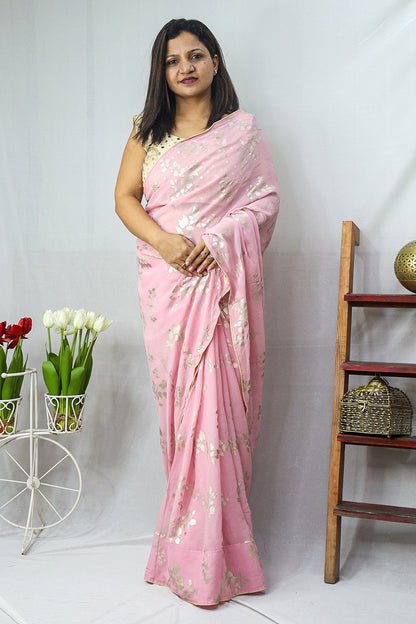 Shop the Latest Pink Foil Print Georgette Saree - Trendy and Elegant - Luxurion World