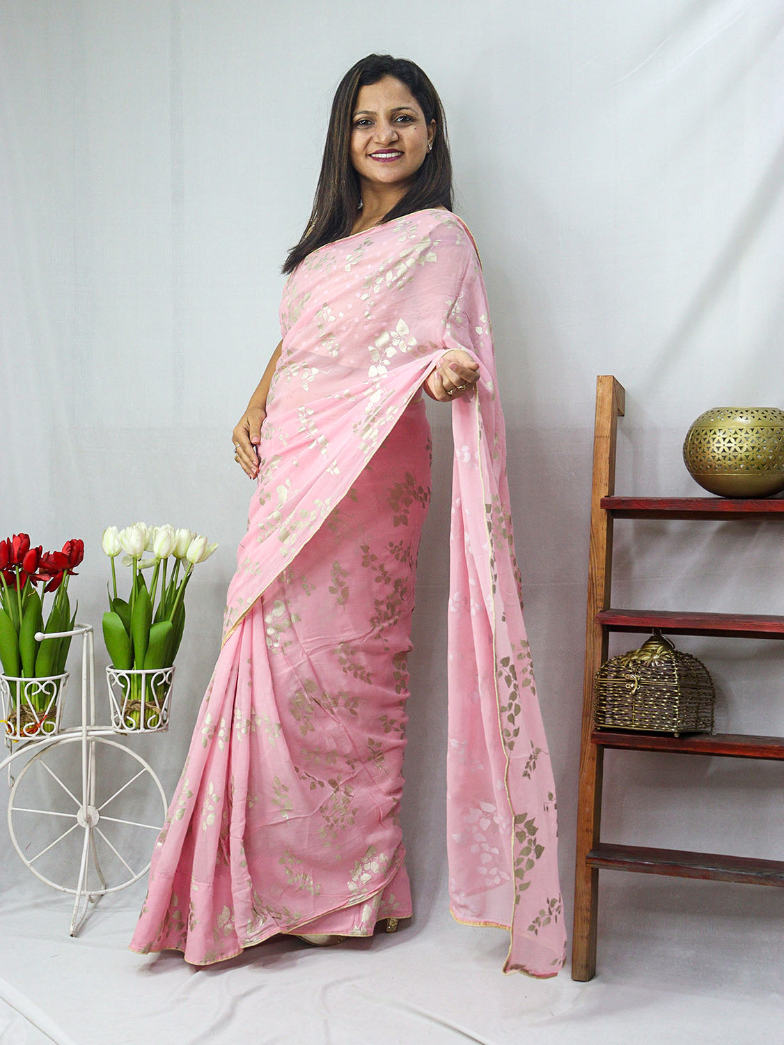 Shop the Latest Pink Foil Print Georgette Saree - Trendy and Elegant