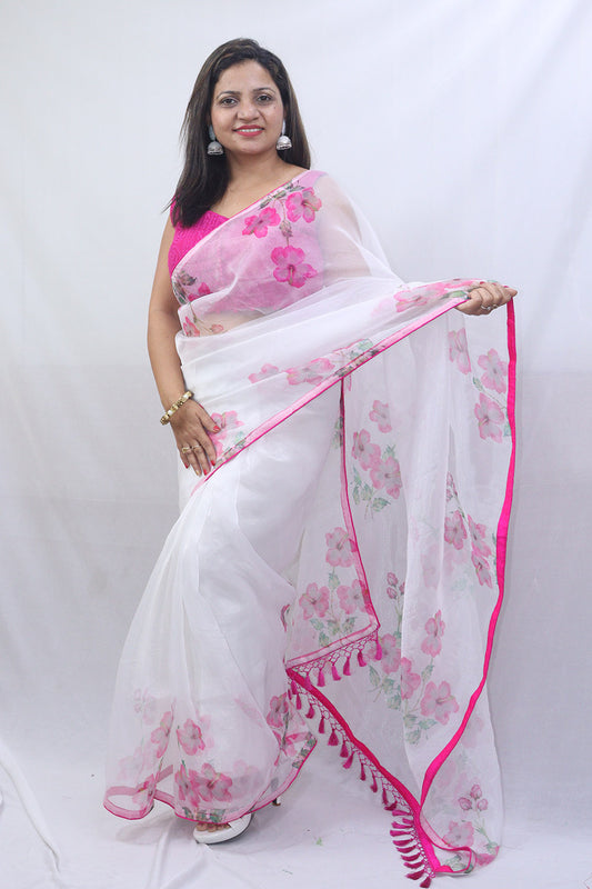 Off-White and Pink Organza Saree: Trendy Digital Print Design - Luxurion World