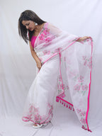 Off-White and Pink Organza Saree: Trendy Digital Print Design - Luxurion World