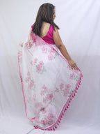 Off-White and Pink Organza Saree: Trendy Digital Print Design - Luxurion World