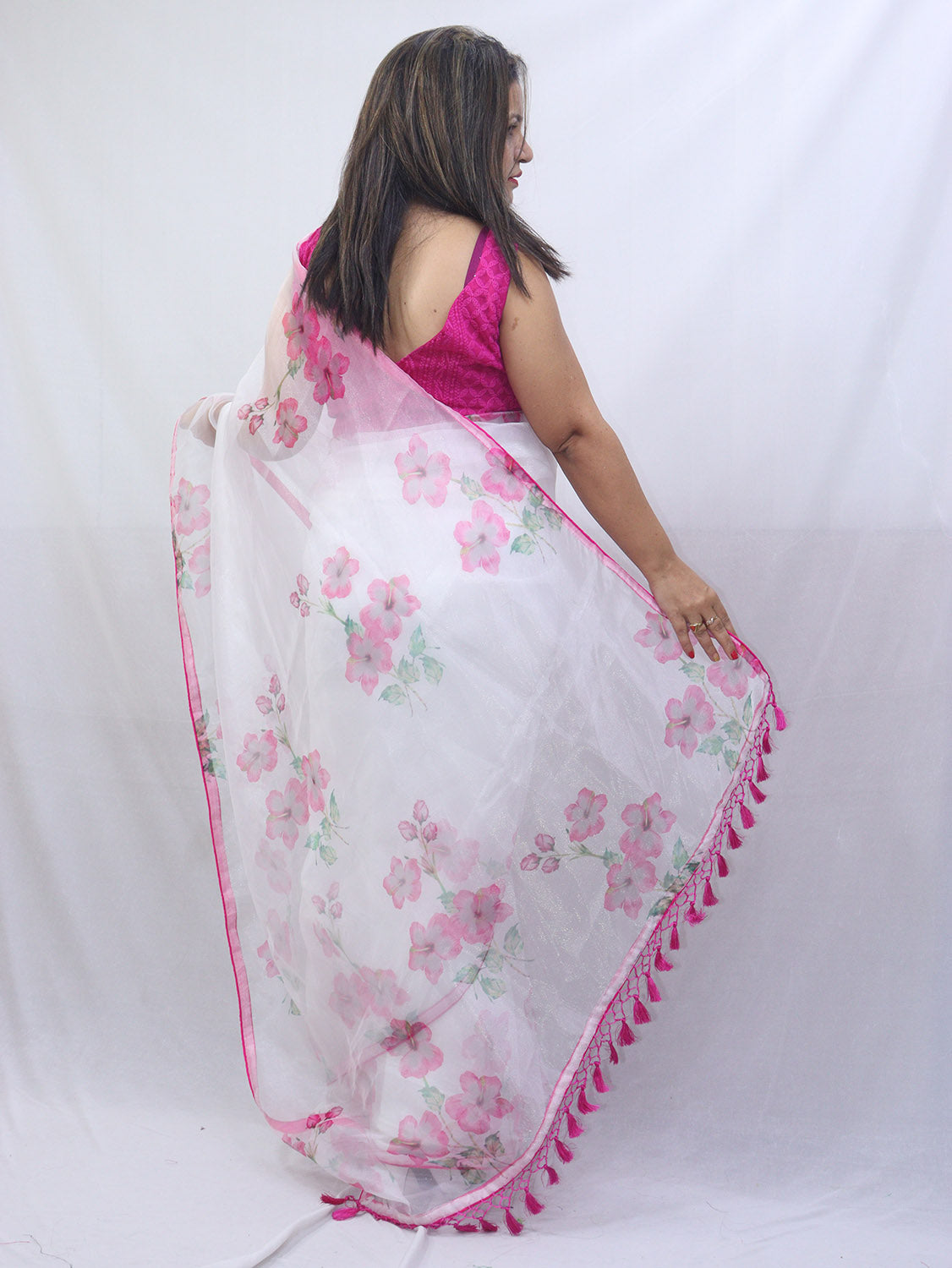 Off-White and Pink Organza Saree: Trendy Digital Print Design - Luxurion World