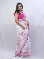 Off-White and Pink Organza Saree: Trendy Digital Print Design - Luxurion World