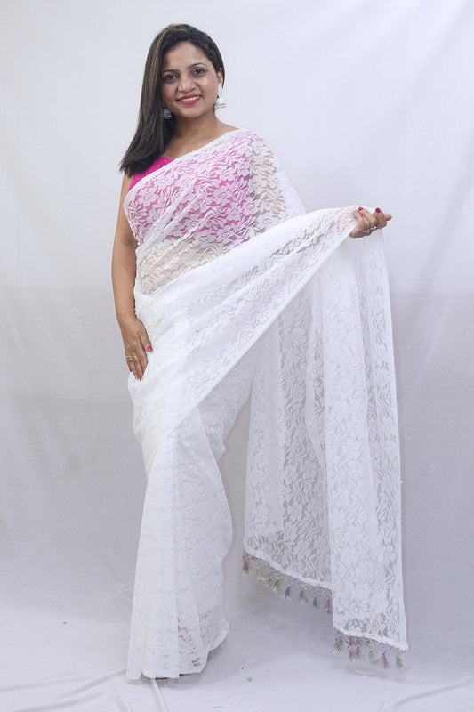 Off White Trendy Net Saree - Luxurion World