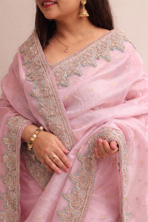 Pink Banarasi Pure Tissue Silk Booti Design Saree With Hand Zardozi Work - Luxurion World