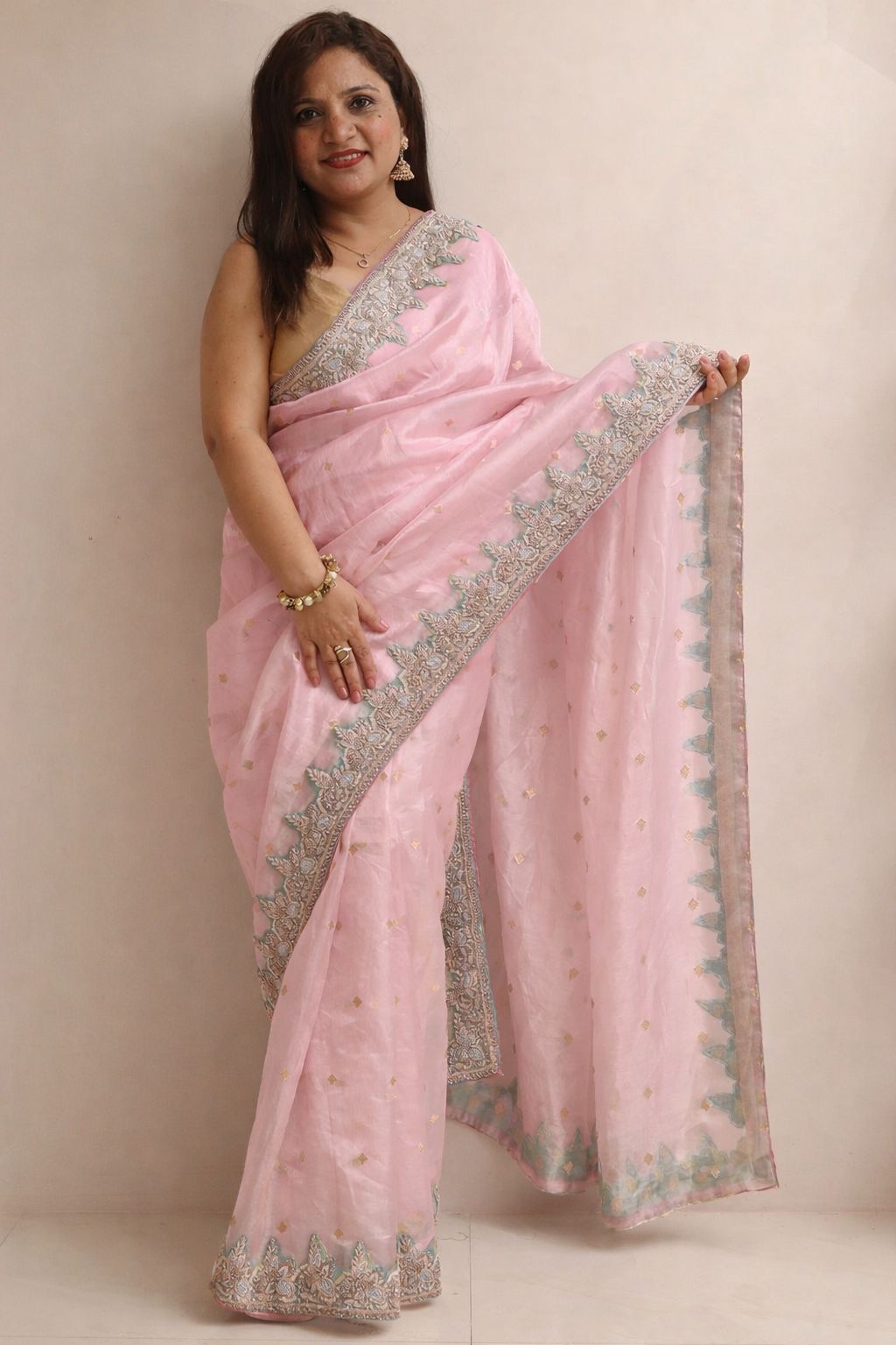 Pink Banarasi Pure Tissue Silk Booti Design Saree With Hand Zardozi Work - Luxurion World