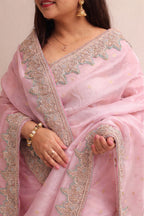 Pink Banarasi Pure Tissue Silk Booti Design Saree With Hand Zardozi Work - Luxurion World