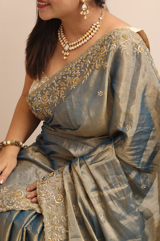 Blue And Golden Handloom Chanderi Pure Tissue Silk Hand Zardozi Cutdana Work Saree - Luxurion World