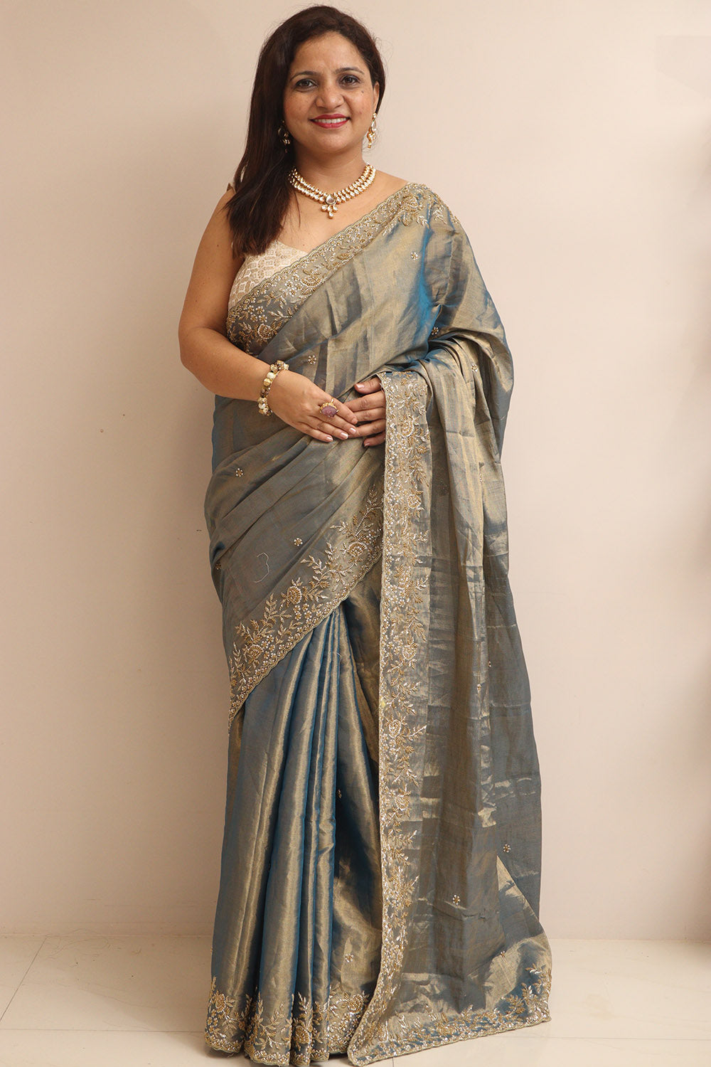 Blue And Golden Handloom Chanderi Pure Tissue Silk Hand Zardozi Cutdana Work Saree - Luxurion World