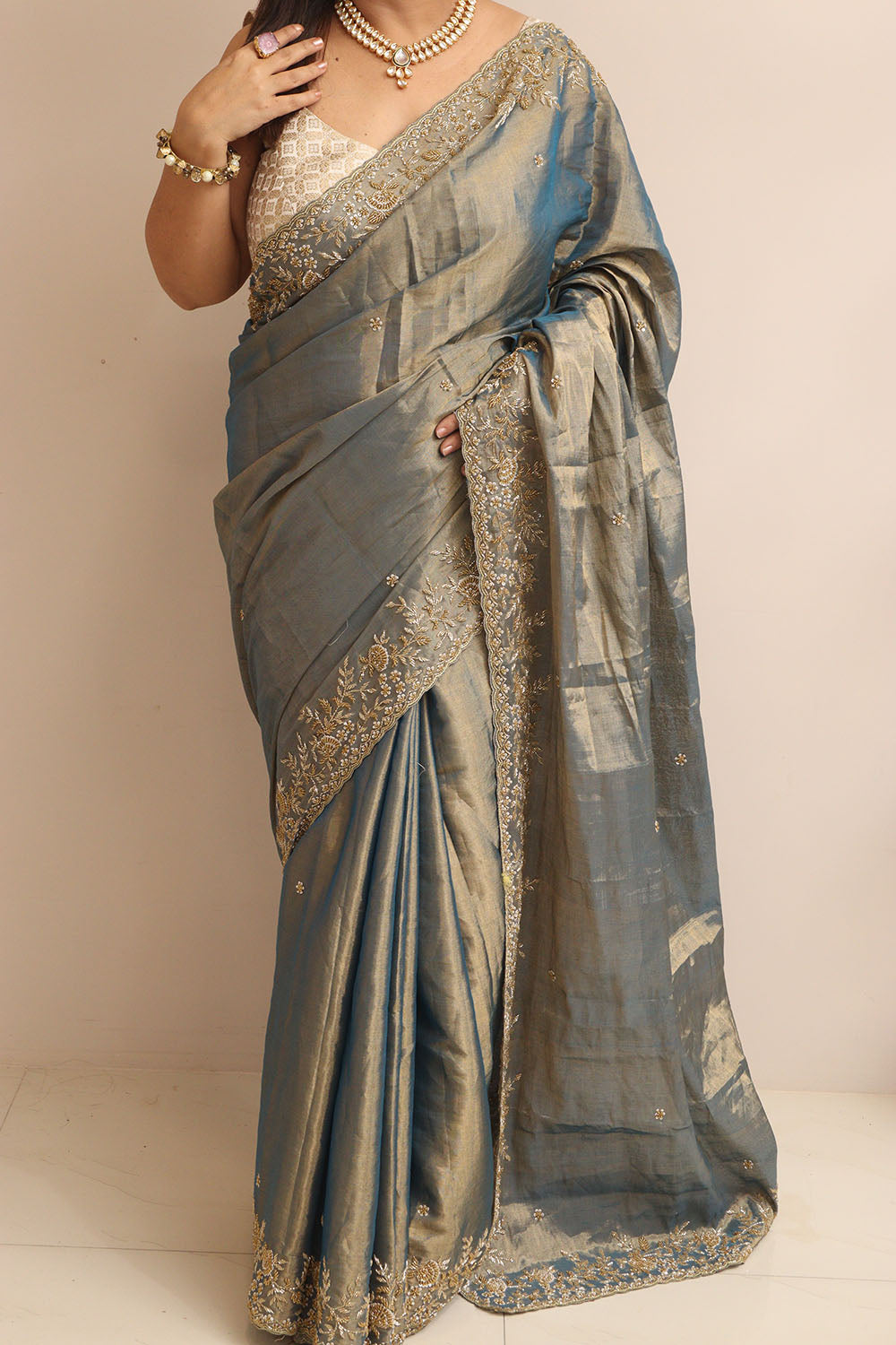 Blue And Golden Handloom Chanderi Pure Tissue Silk Hand Zardozi Cutdana Work Saree - Luxurion World