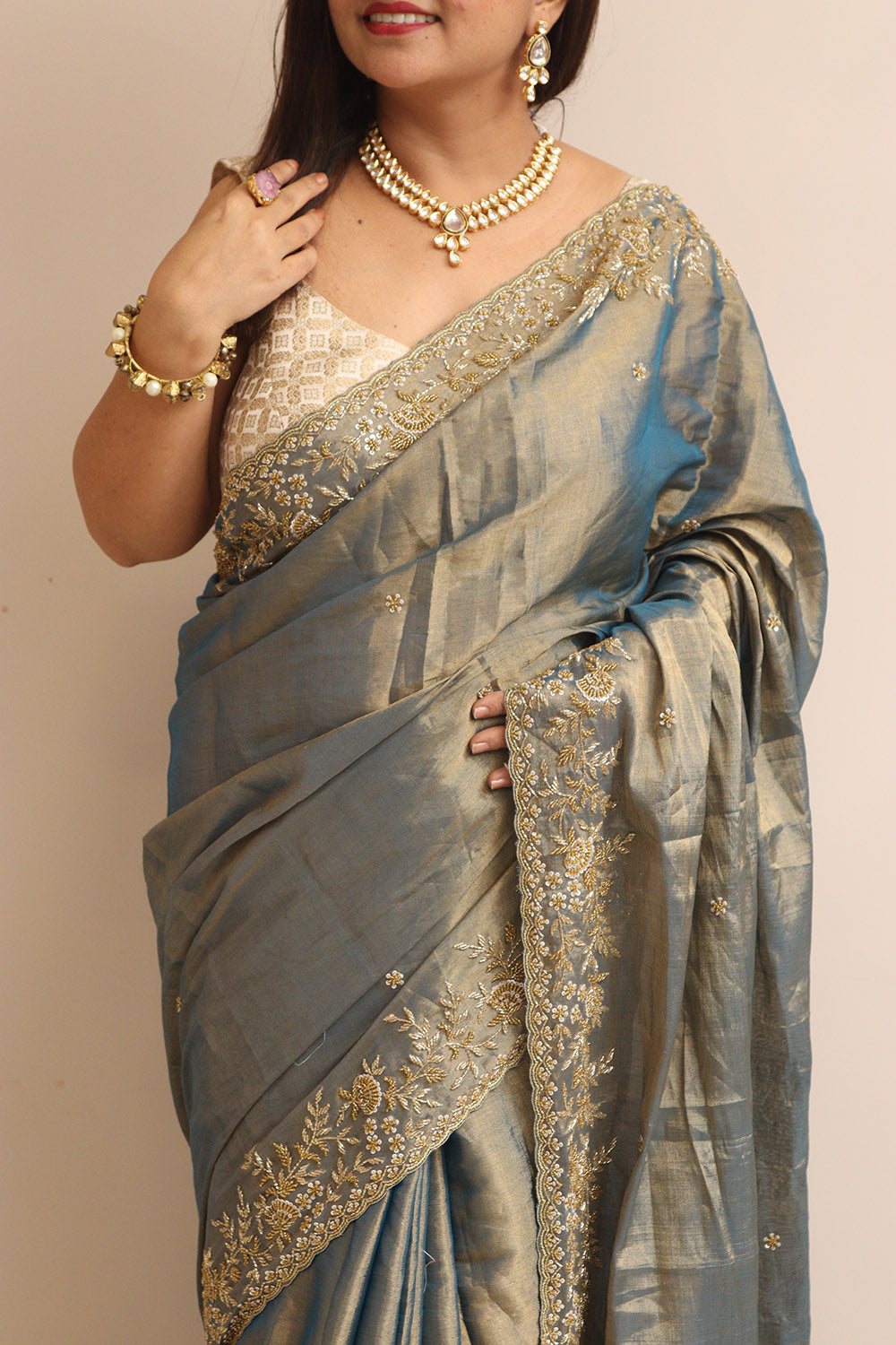 Blue And Golden Handloom Chanderi Pure Tissue Silk Hand Zardozi Cutdana Work Saree - Luxurion World