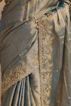 Blue And Golden Handloom Chanderi Pure Tissue Silk Hand Zardozi Cutdana Work Saree - Luxurion World