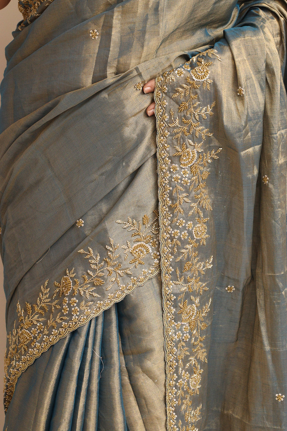 Blue And Golden Handloom Chanderi Pure Tissue Silk Hand Zardozi Cutdana Work Saree - Luxurion World