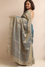 Blue And Golden Handloom Chanderi Pure Tissue Silk Hand Zardozi Cutdana Work Saree - Luxurion World