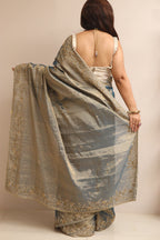 Blue And Golden Handloom Chanderi Pure Tissue Silk Hand Zardozi Cutdana Work Saree - Luxurion World