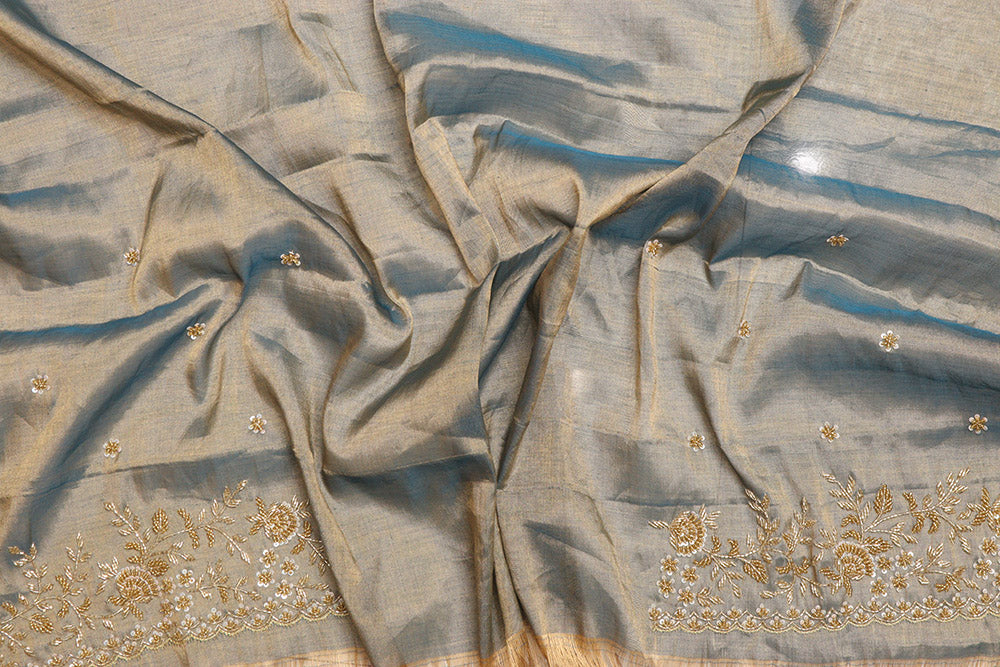 Blue And Golden Handloom Chanderi Pure Tissue Silk Hand Zardozi Cutdana Work Saree - Luxurion World