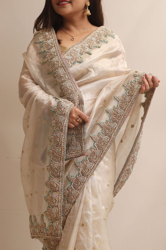 Elegant Pastel Banarasi Pure Tissue Silk Booti Design Saree With Hand Zardozi Work - Luxurion World