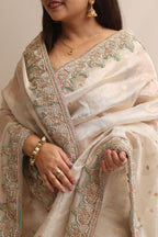 Elegant Pastel Banarasi Pure Tissue Silk Booti Design Saree With Hand Zardozi Work - Luxurion World