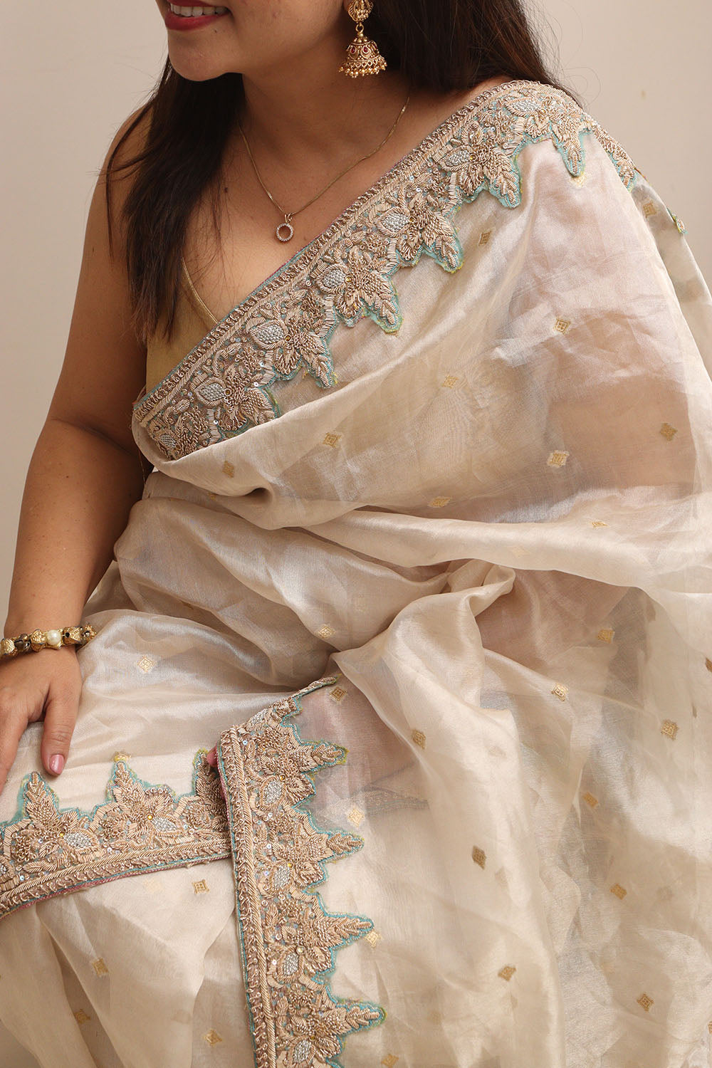 Elegant Pastel Banarasi Pure Tissue Silk Booti Design Saree With Hand Zardozi Work - Luxurion World