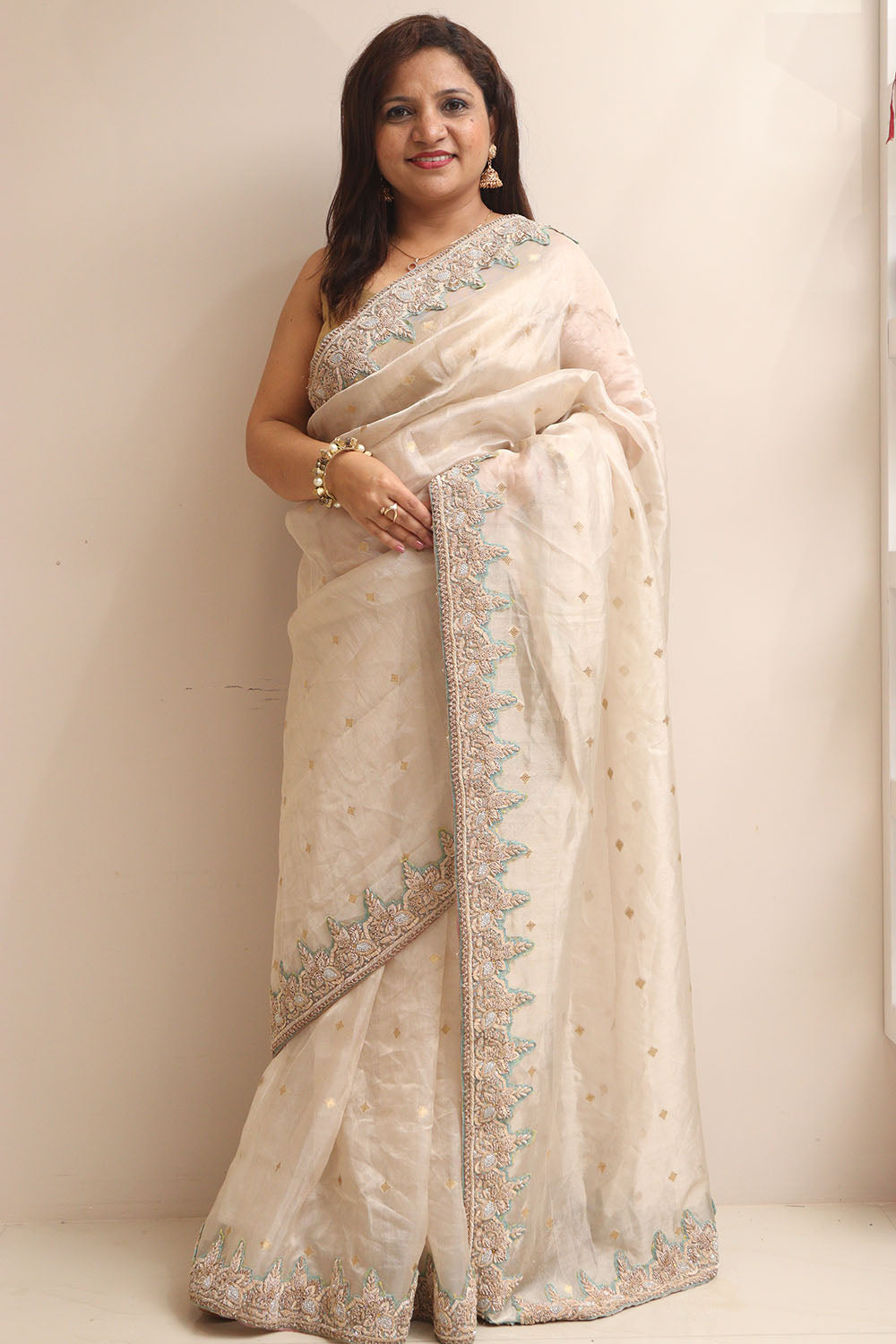 Elegant Pastel Banarasi Pure Tissue Silk Booti Design Saree With Hand Zardozi Work - Luxurion World