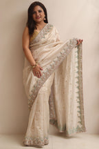 Elegant Pastel Banarasi Pure Tissue Silk Booti Design Saree With Hand Zardozi Work - Luxurion World