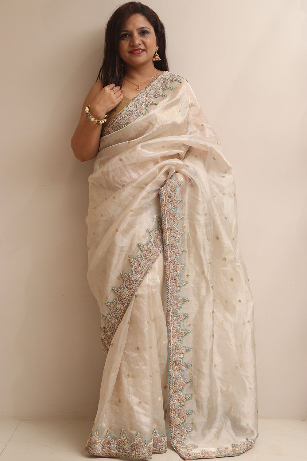 Elegant Pastel Banarasi Pure Tissue Silk Booti Design Saree With Hand Zardozi Work - Luxurion World