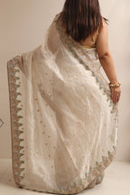 Elegant Pastel Banarasi Pure Tissue Silk Booti Design Saree With Hand Zardozi Work - Luxurion World