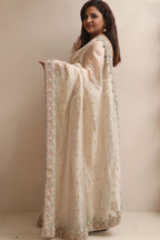 Elegant Pastel Banarasi Pure Tissue Silk Booti Design Saree With Hand Zardozi Work - Luxurion World