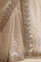 Elegant Pastel Banarasi Pure Tissue Silk Booti Design Saree With Hand Zardozi Work - Luxurion World