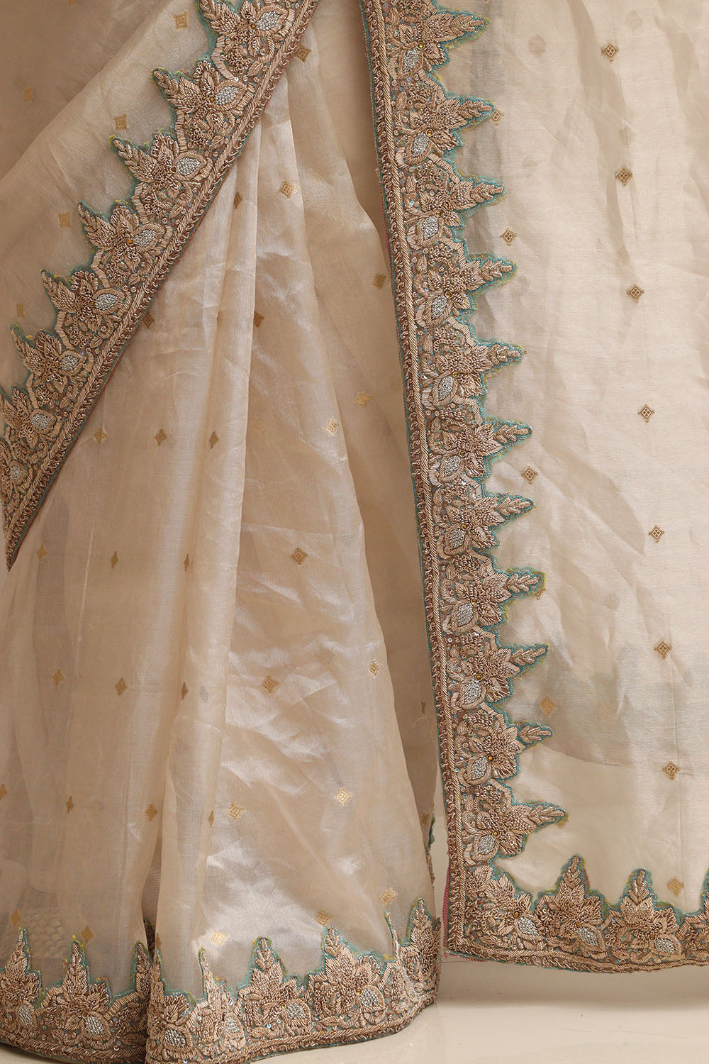 Elegant Pastel Banarasi Pure Tissue Silk Booti Design Saree With Hand Zardozi Work - Luxurion World