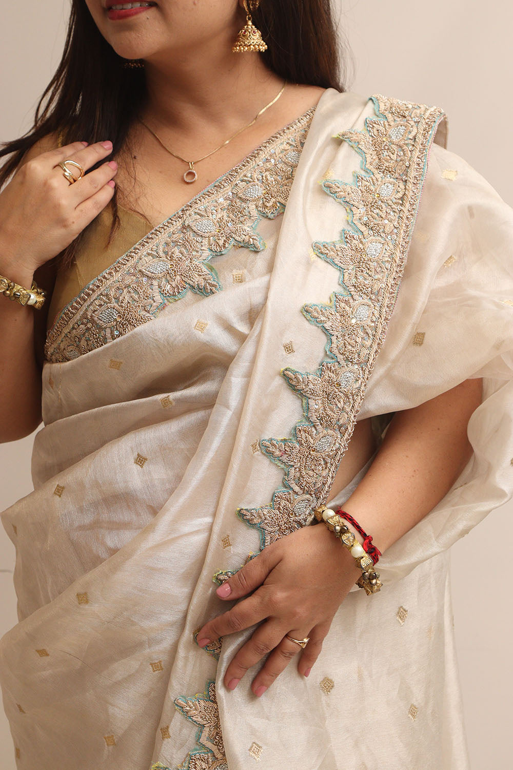 Elegant Pastel Banarasi Pure Tissue Silk Booti Design Saree With Hand Zardozi Work - Luxurion World