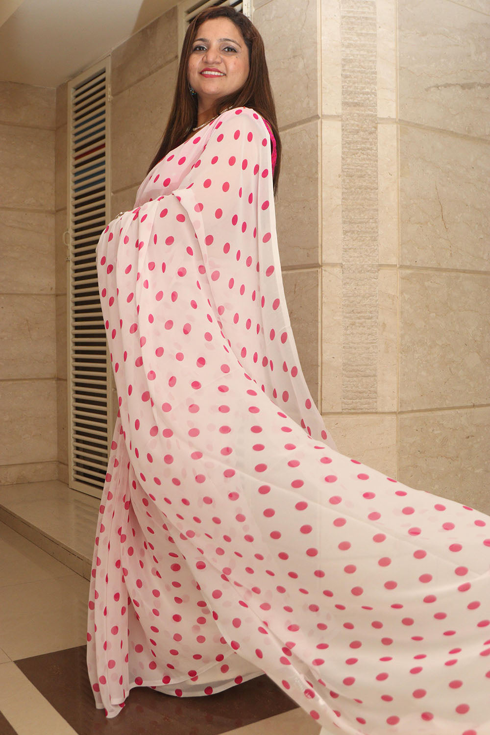 White And Pink Trendy Georgette Polka Dot Saree - Luxurion World