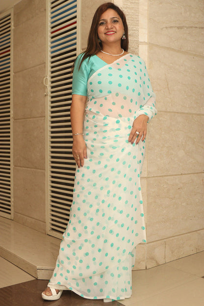 White And Green Trendy Georgette Polka Dot Saree - Luxurion World