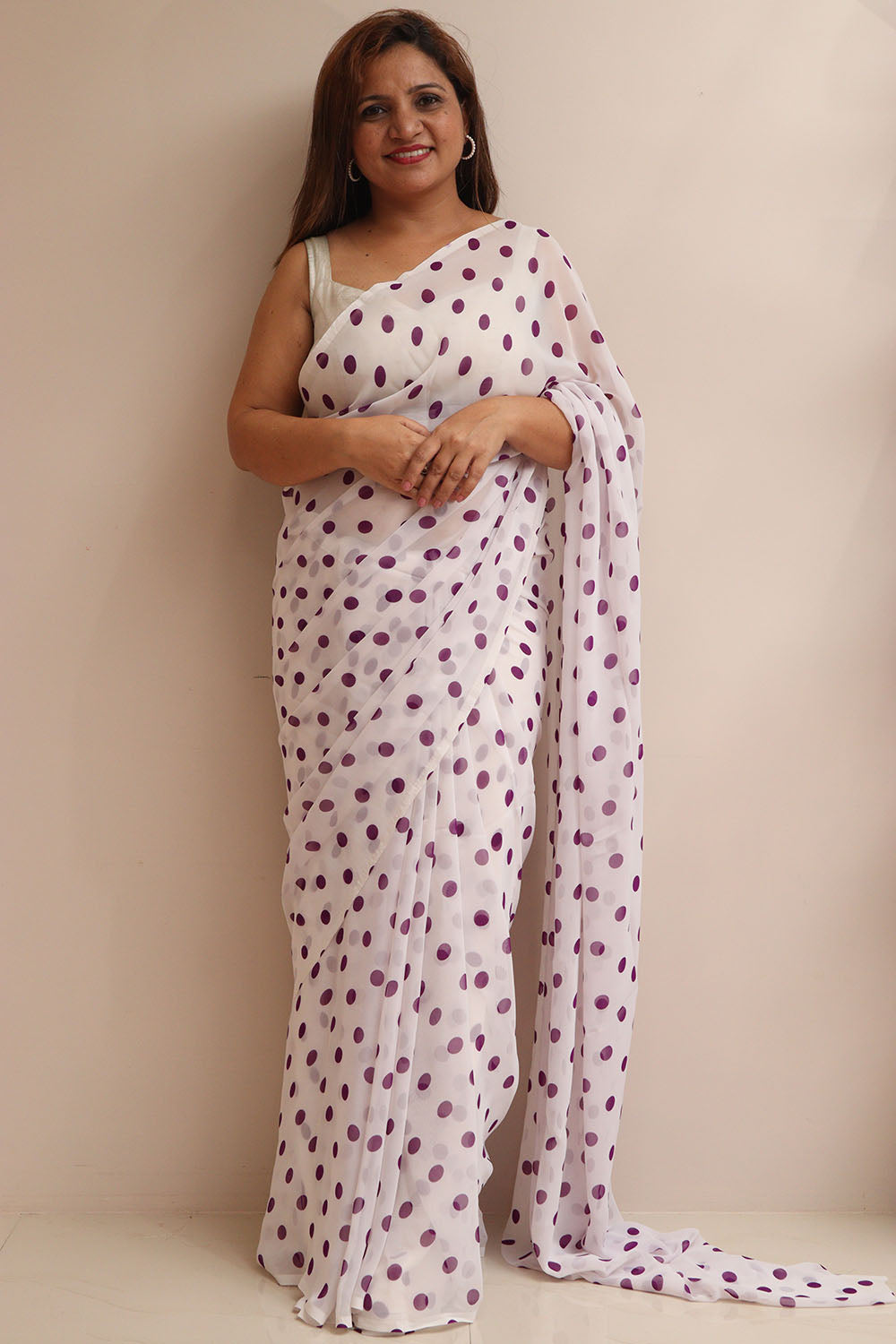 Stylish White & Purple Polka Dot Saree - Luxurion World