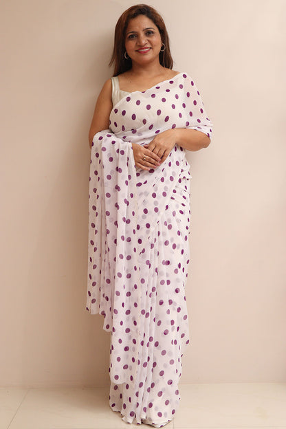Stylish White & Purple Polka Dot Saree - Luxurion World