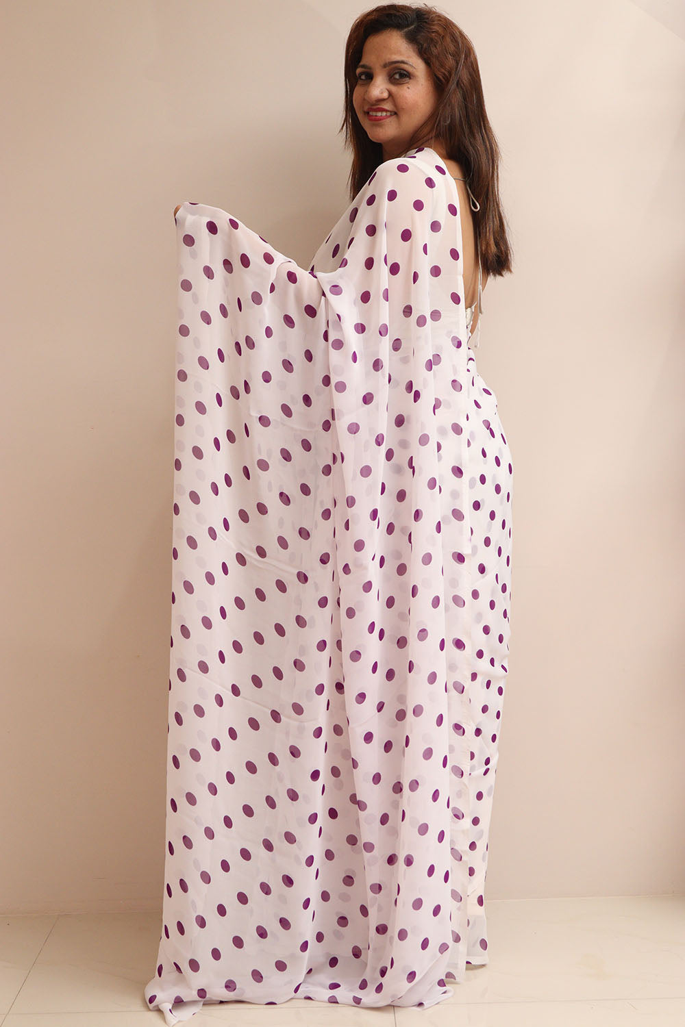 Stylish White & Purple Polka Dot Saree - Luxurion World
