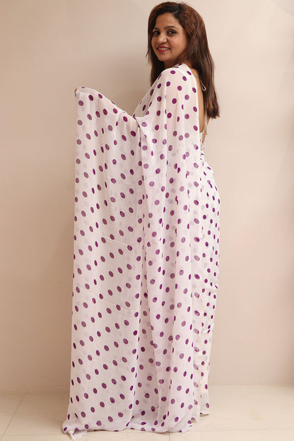 Stylish White & Purple Polka Dot Saree - Luxurion World