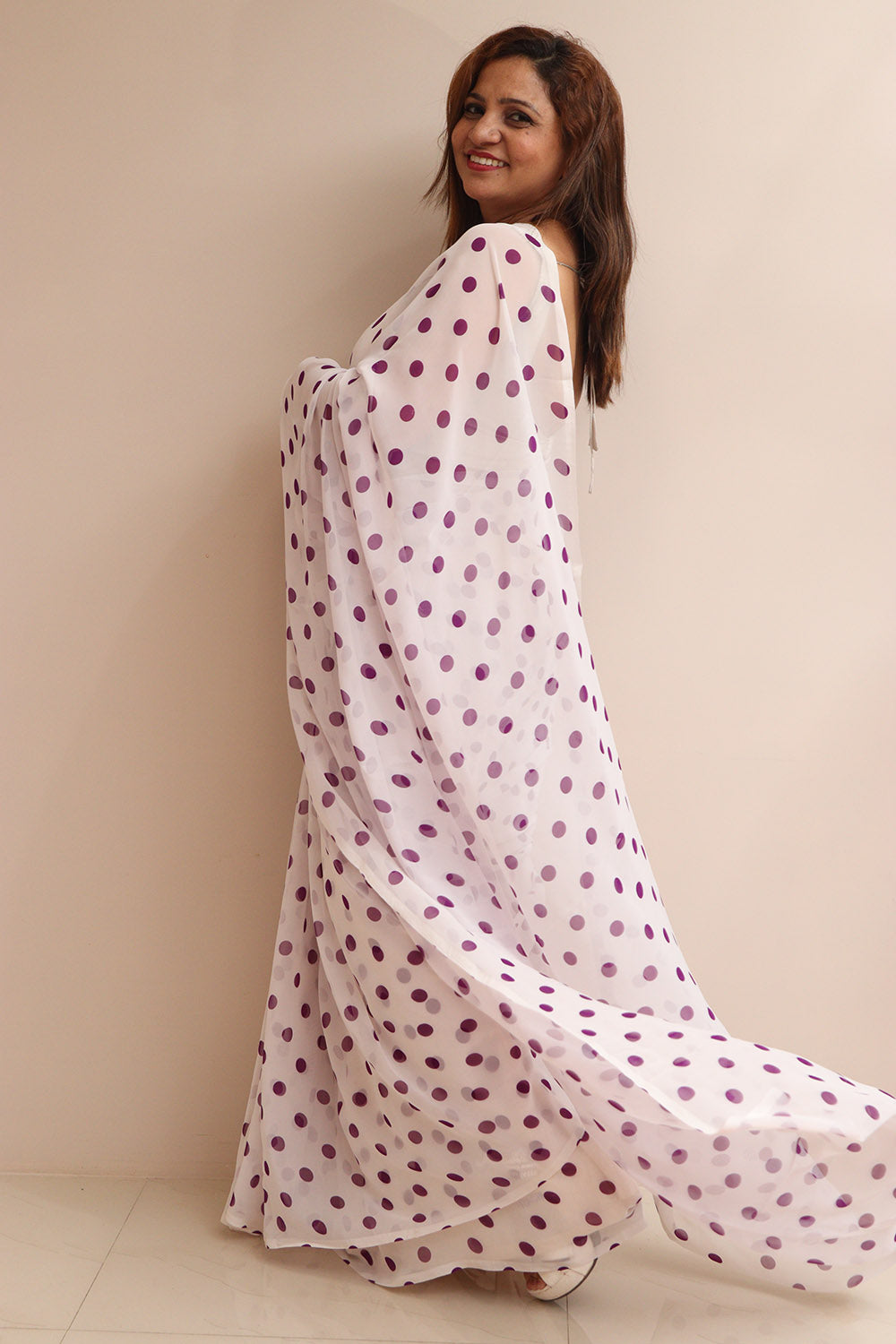 Stylish White & Purple Polka Dot Saree - Luxurion World