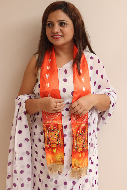 LUXURION WORLD Divine Stole/ Patka/ Khesh/ Shawl/ Dupatta – Tirupati Balaji Stoles || Satin Silk Cloth Print Unisex God Printed Scarf for Spiritual Wear ( With Handcrafted Lace ) - Luxurion World