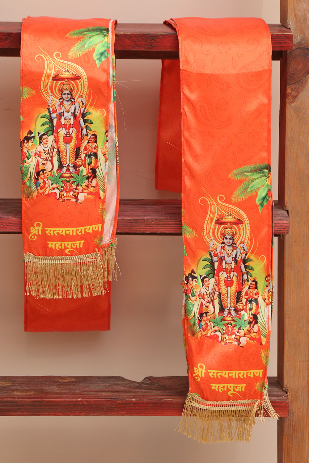 LUXURION WORLD Divine Stole/ Patka/ Khesh/ Shawl/ Dupatta – Satyanarayan Pooja Stoles || Satin Silk Cloth Print Unisex God Printed Scarf for Spiritual Wear ( With Handcrafted Lace ) - Luxurion World