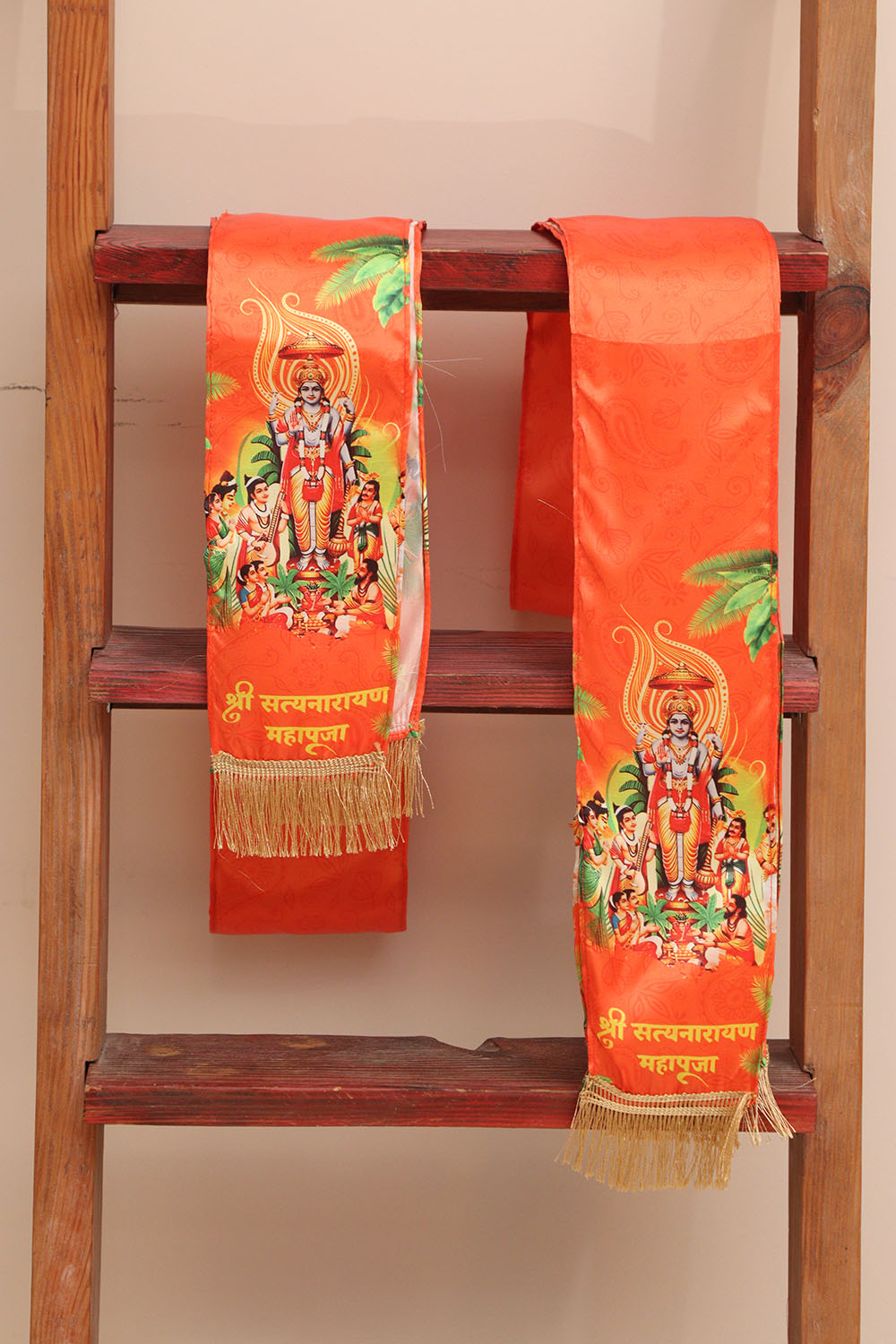 LUXURION WORLD Divine Stole/ Patka/ Khesh/ Shawl/ Dupatta – Satyanarayan Pooja Stoles || Satin Silk Cloth Print Unisex God Printed Scarf for Spiritual Wear ( With Handcrafted Lace ) - Luxurion World