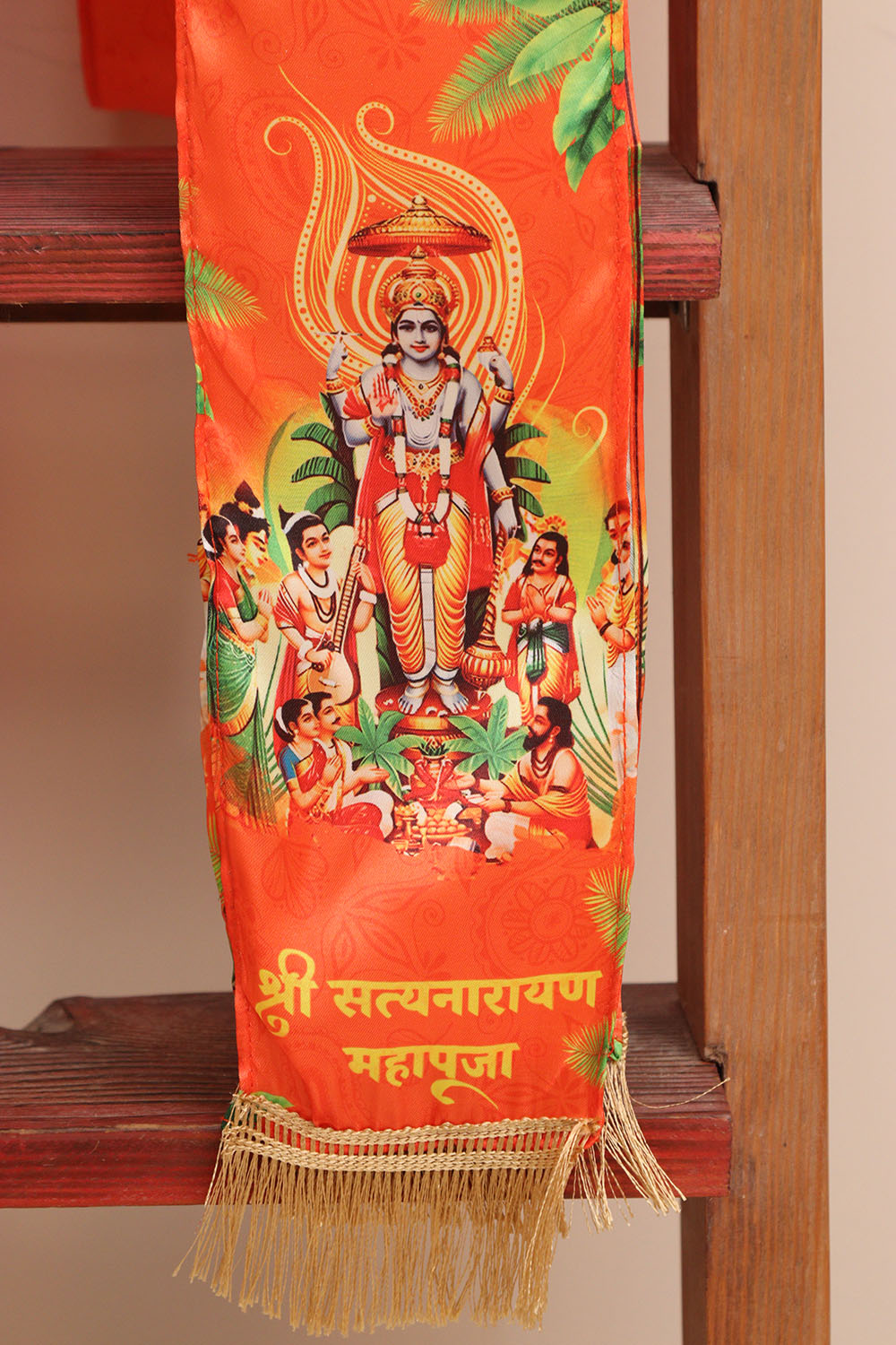 LUXURION WORLD Divine Stole/ Patka/ Khesh/ Shawl/ Dupatta – Satyanarayan Pooja Stoles || Satin Silk Cloth Print Unisex God Printed Scarf for Spiritual Wear ( With Handcrafted Lace ) - Luxurion World